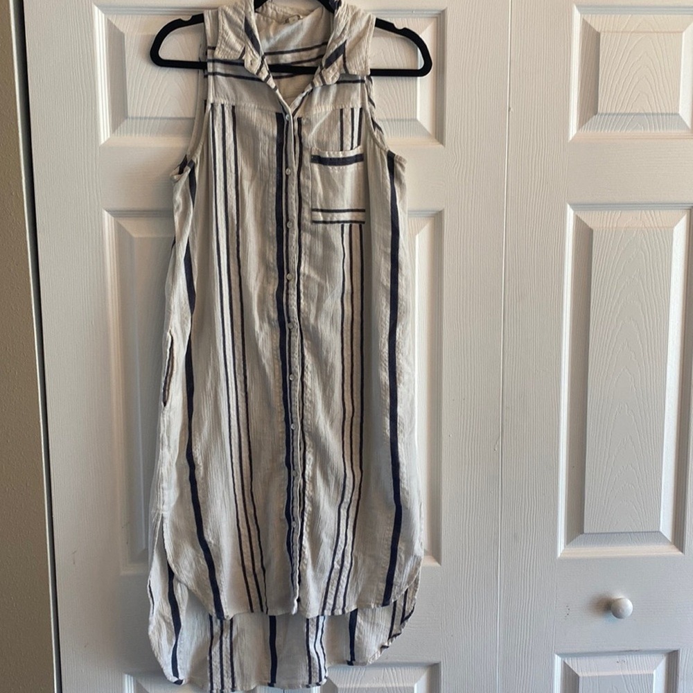 Monsoon Striped Sleeveless Shirt Dress Womens Size M Ivory Navy Cotton Coastal